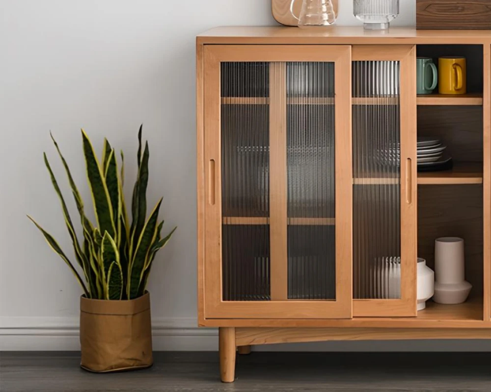 wooden sideboard with glass doors